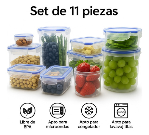 Set De 11 Herméticos Rectangulares Apilables, Transparente