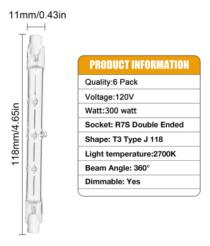 6 Bombilla Halogena R7s Base J Tipo 4.646 In Doble Extremo V