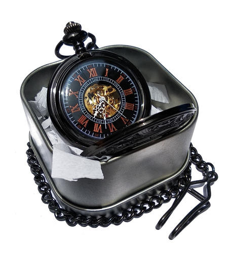 Reloj De Bolsillo Tipo Vintage Negro Mecanico De Cuerda Leon