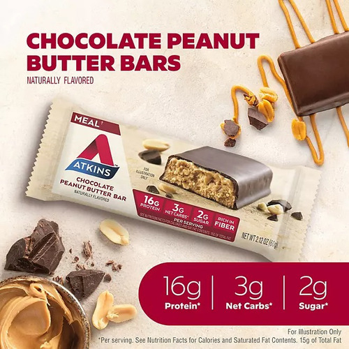 Barras Nutritivas Proteína Atkins Chocolate Cacahuate 15pzs
