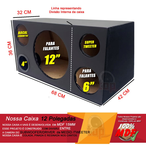 Caixa 4 Vias Vazia 12'' Driver Tweeter Médio 6 Trapézio 55l