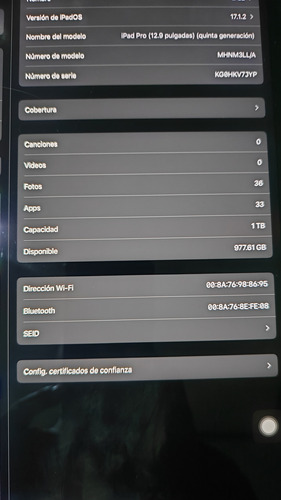 iPad Pro 12.9 1tb, 16gb, Wifi, Chip M1 Color Gris Espacial