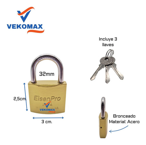 Set X 6 Candados Acero Bronceado Valijero 32mm 3 Llaves Dorado