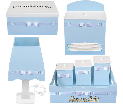 Kit Higiene Cor Azul Bebê Em Madeira Mdf Quarto Menino 