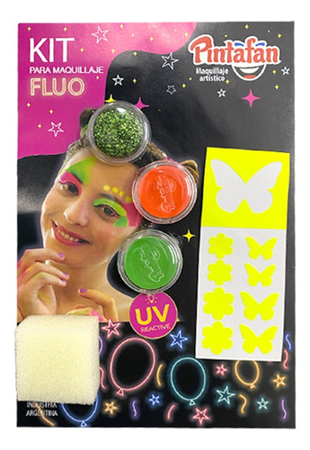 Kit Maquillaje Artistico 2 Pinturas Brillo Stencil Fluo Uv C