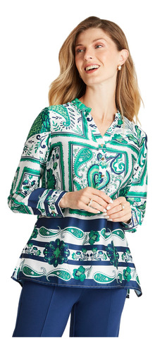 Blusa Satinada Cuello Mao Estampada Verde