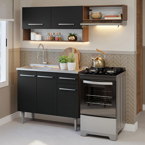 Armário Cozinha Compacta 165cm Com Pia Emilly Madesa 09 Rp Cor Rustic/Preto