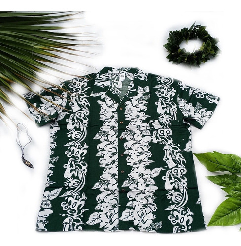 Camisa Polinesica Napohe Verde Con Tangata Manu Y Moai 