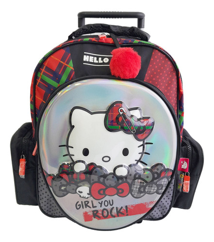 Mochila Escolar 14 Pulgadas, Con Carro Kitty - 13009 Color Negro Diseño De La Tela Hello Kitty