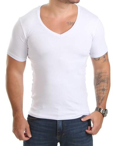 Camisa Gola V Cavada Masculina Manga Curta Slim Fit