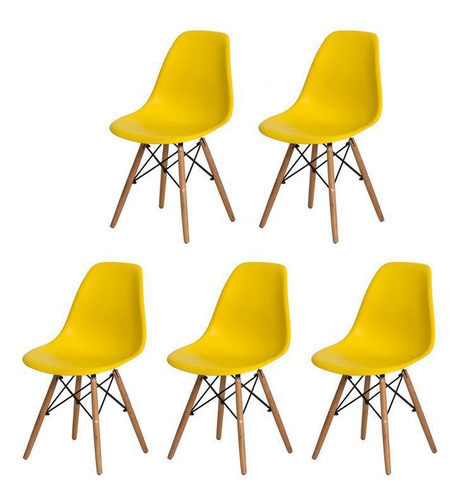 Kit 5 Cadeiras Charles Eames Eiffel Amarela Base Madeira