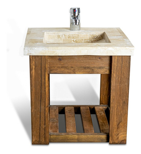 Imagen 5 de 8 de Vanitory Colgante 40cm Madera Bacha Travertino Y Griferia