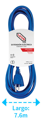 Extensión Uso Rudo Aterriz. Azul, Clavija Recta, 7.6m, Iusa