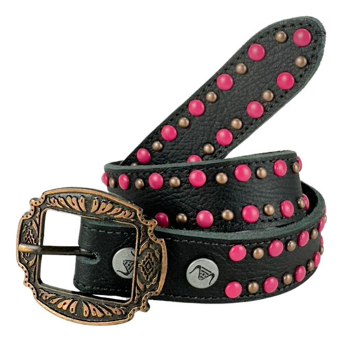 Cinto Menina Pyramid Country Preto C/ Cravos Rosa Ref:py-680