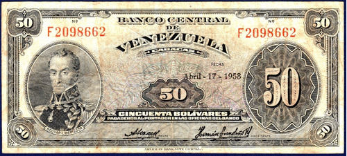 Billete De 50 Bolívares F7 Abril 17 1958 Simón Bolívar