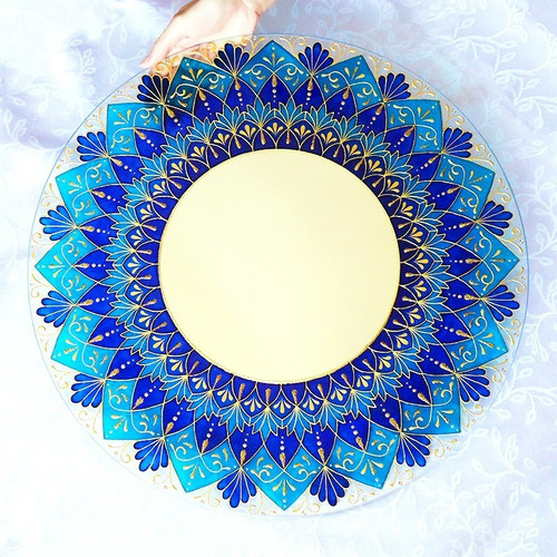 Mandala Azul E Dourada Em Vidro De 50cm E Espelho De 24cm