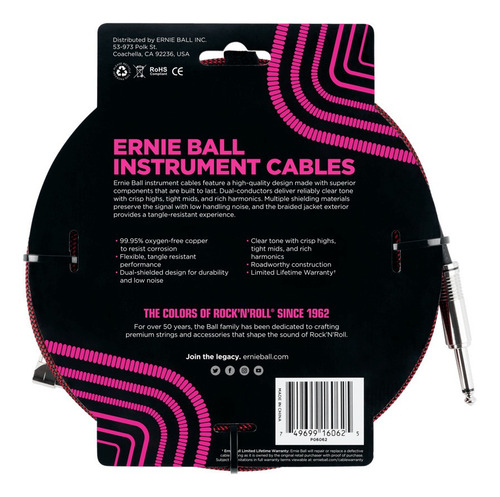 Ernie Ball Cable Instrumento P06062 7,5 Metros Negro/ Rojo