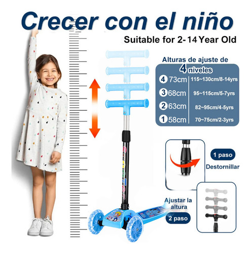 Scooter Plegable 3 Ruedas,scooter Infantil Seguro Con Luces Azul