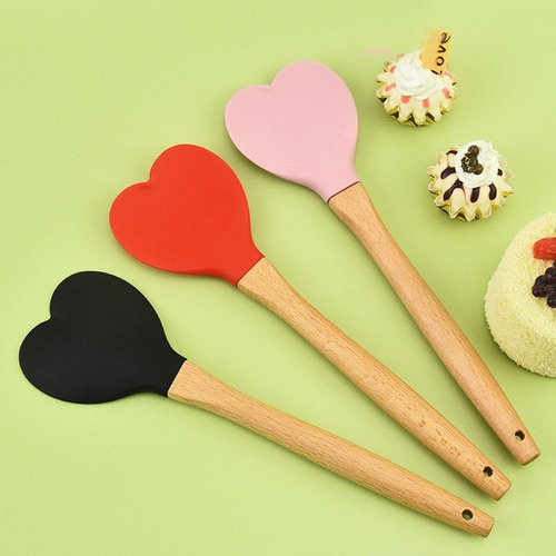 Cucharas De Silicona Con Mango De Madera En Forma De Corazón