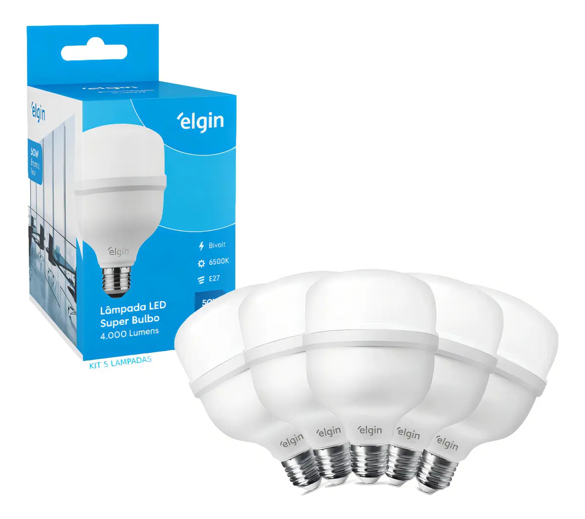 Kit 5 Lâmpada Bulbo Alta Potência Led 50w 6500k Elgin