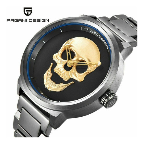 Elegante Reloj Pagani Acero Calavera, Skull, Craneo Dorado