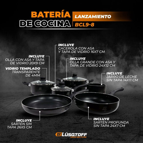 Imagen 2 de 5 de Batería De Cocina 9 Piezas Tapa Vidrio Lusqtoff Bcl9-8