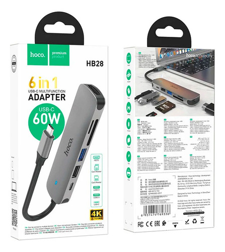 Adaptador Hub Usb 6 En 1 Hoco Hb28 Tipo C Negro