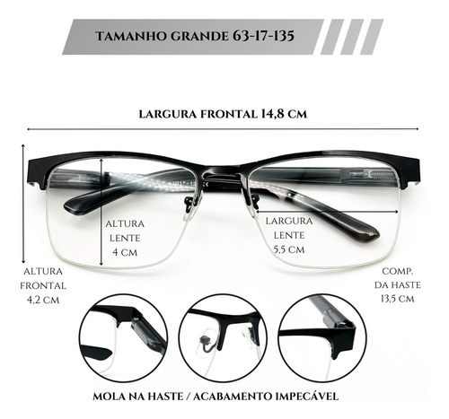 Óculos Sem Grau Grande Masculino Armação Fio Nylon Resistent Cor Preto metálico Tamanho Meio Aro Grande - Tamanho 63