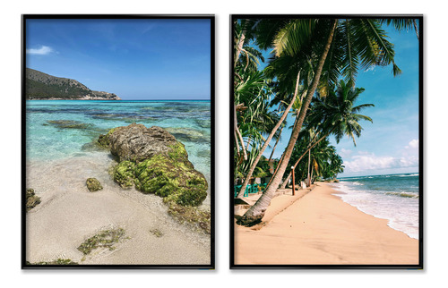 Set X2 Cuadros Playa Palmeras Paraiso 30x40cm Marco Negro