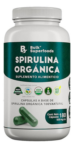 Suplemento Espirulina Orgánica 180 Cápsulas De 500 Mg 100% Natural Sin Gluten Apto Keto | Bulk Superfoods