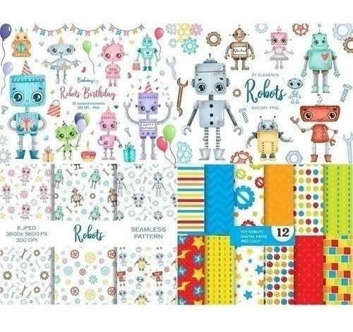 Kit Imprimible  Robots -  Imagenes  Fondos