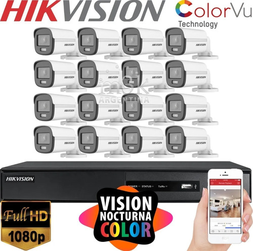 Kit Seguridad Hikvision Dvr 16 + 16 Camaras Color Noche 24hs