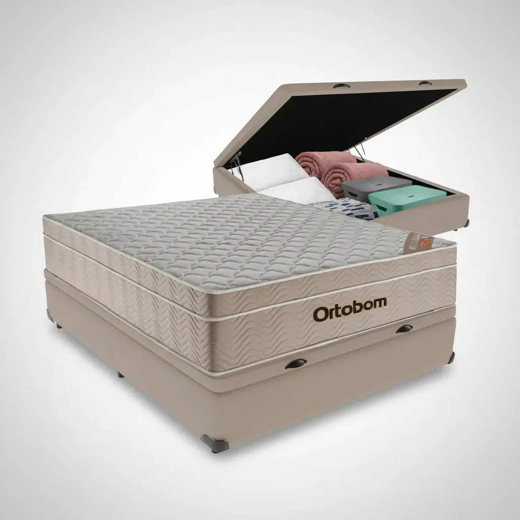 Cama box baú Ortobom Airtech Springpocket casal colchão bege