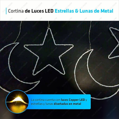 Imagen 2 de 10 de Cortina Led Estrellas Lunas Tira 3 Metros Calido 220v