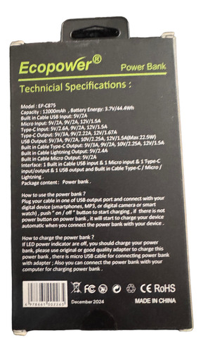 Cargador Portátil Power Bank Carga Turbo C/cables 12000mah Negro