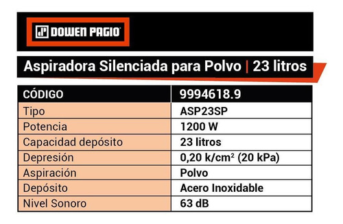 Imagen 7 de 10 de Aspiradora Para Polvo 23 L 1200 W Dowen Pagio Silenciada