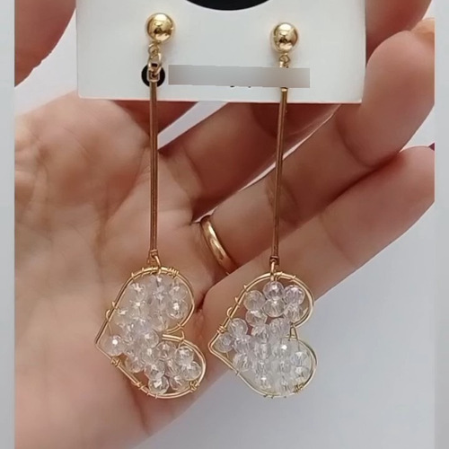 Aros Corazones Baño Oro 18 K Cristales Transparentes 