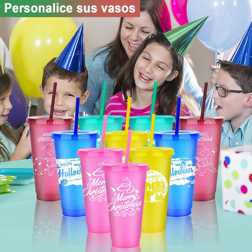15vasos Mágicos Reutilizables Plástico 16oz C/tapa Y Popote Multicolor