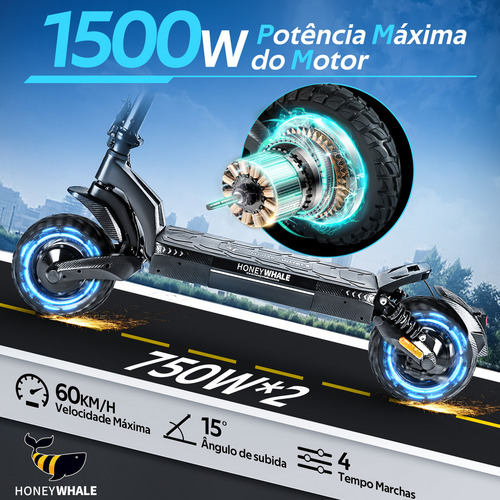 Scooter Elétrico Honey Whale T5 Patinete Elétrico Velocidade 60km/h Motor 750W*2 Bateria 15AH Autonomia 50KM APP Bluetooth Carga de 120 kg HONEY WHALE