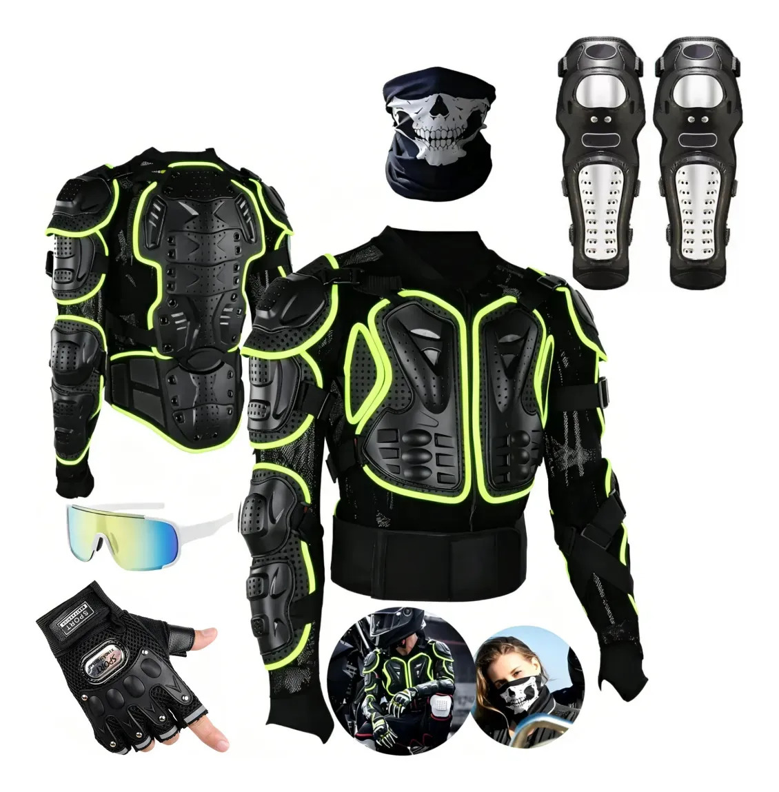 Peto Protector Esqueleto para Motociclistas con Chaleco, Rodilleras, Coderas y Guantes – Talla L (Verde)