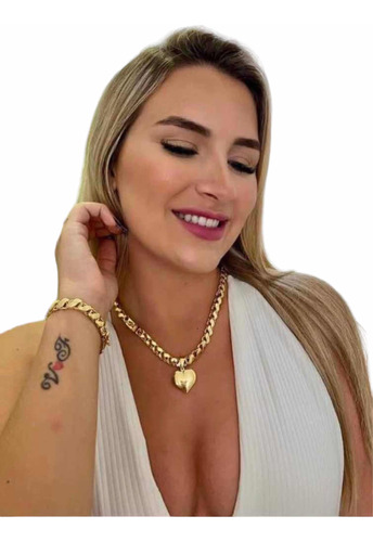 Cordão Pulseira Pingente 10mm Friso Dupla Face Banhado Ouro