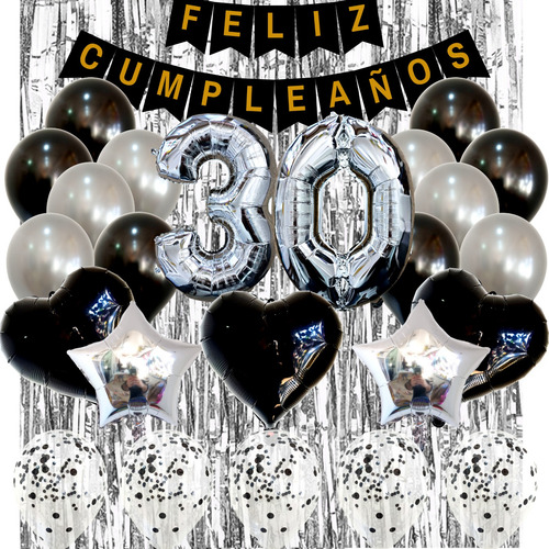 Combo Globos Kit Deco Fiesta Feliz Cumple 27 Artículos Negro Y Plata Deco Fiesta