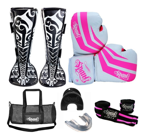 Kit Muay Thai Spank Luva Caneleira Bandagem Bucal Bolsa 