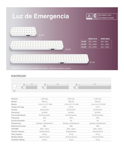 Luz Emergencia 90 Led Bah Litio 6hs 6500k Macroled