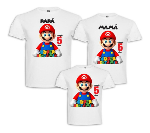 3 Poleras Mario Bros Familiares Cumpleaños Personalizadas 