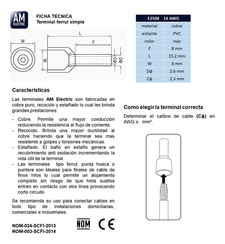 Terminal Ferrul 14 Awg Rojo 500 Pzs Am-e