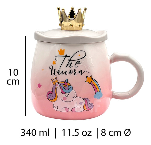 Taza Unicornio Cerámica Con Tapa Y Cuchara Corona 340ml Rosa Unicornio