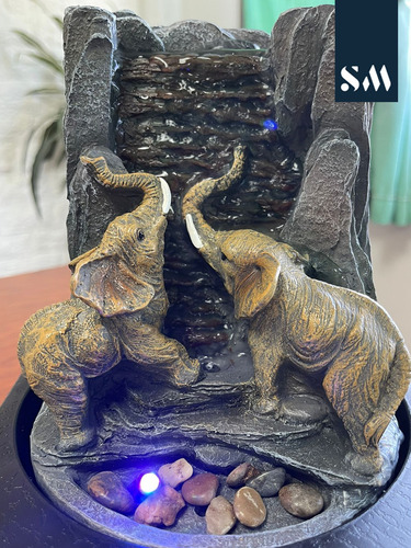 Fuente De Agua Mediana 23cm Elefantes + Luz Interior Zen