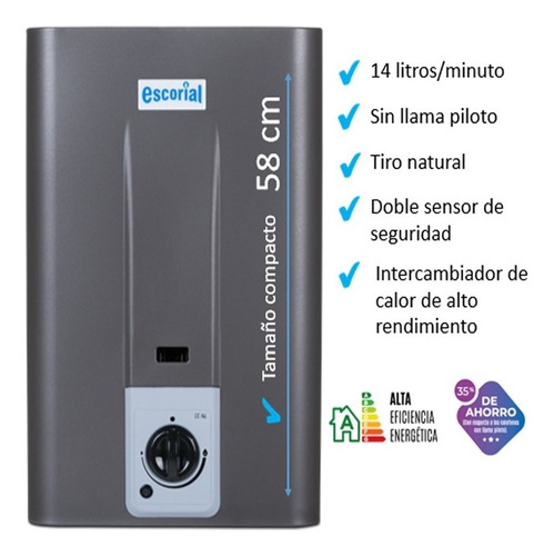 Imagen 3 de 9 de Calefón Escorial Gris Gas Natural 14 Lts Sin Llama Piloto A