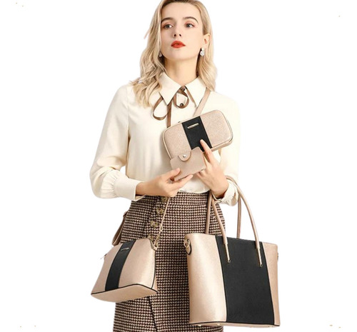 Set Carteras de Mujer Elisabeth&Co Rimini Elaborado en Cuero Pu Negro y Blanco Incluye 1 Cartera Grande 1 Cartera Chica 1 Billetera y 1 Tarjetero Correa Extraíble e intercambiable Herrajes Dorados